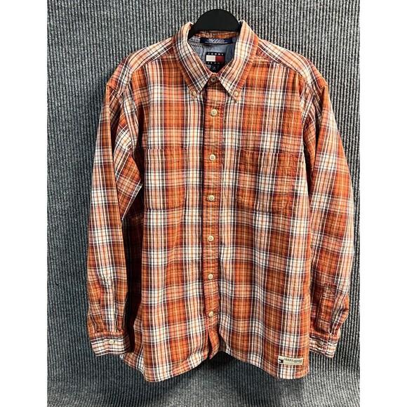 VTG TOMMY Jeans HILFIGER Shirt Mens Medium Orange Plaid Quilted Lined LS Button - Picture 1 of 16